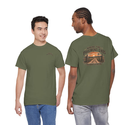 Where the Pavement Ends T-Shirt – Vintage Sunset Off-Road Camping Tee